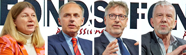 Marion Morales Albiñana-Rosner (Unicredit Bank Austria), Thomas Schüßler (DWS), Philipp Vorndran (Flossbach von Storch) und Ulrich Kaffarnik (DJE Kapital)