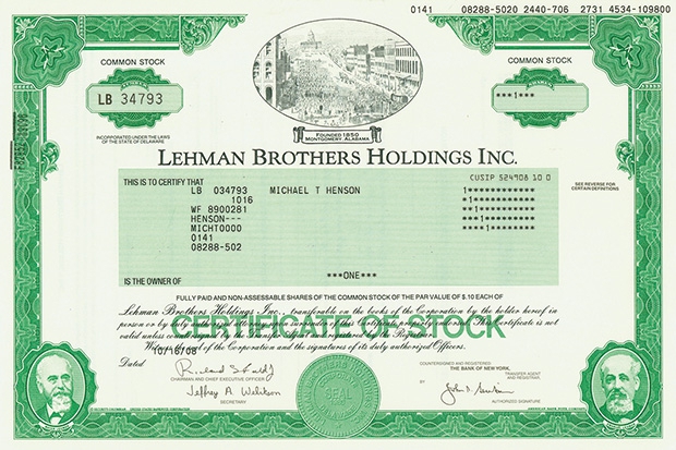 Crash Nostalgie Historische Lehman Aktie Versteigert Markte 17 09 18 Fonds Professionell
