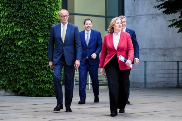 Friedrich Merz (CDU), Lars Klingbeil, B&auml;rbel Bas (beide SPD), Markus S&ouml;der (CSU)